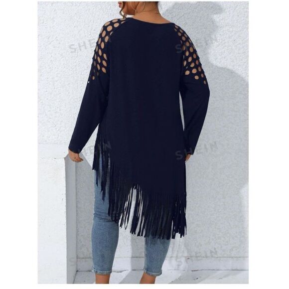 SHEIN LUNE Plus Cut Out Shoulder Fringe Hem Tee, 2XL - Picture 2 of 5